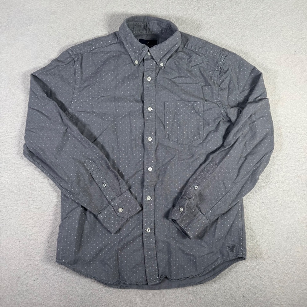 American Eagle Button Down Men Medium Grey Polka Dot Excellent Classic Fit Shirt